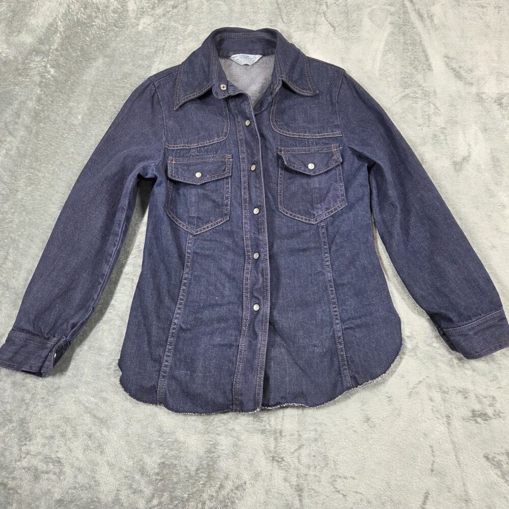 Vintage Denim Shirt Womens XS Blue Western Pearl Snap Sanforized Rockabilly 70s